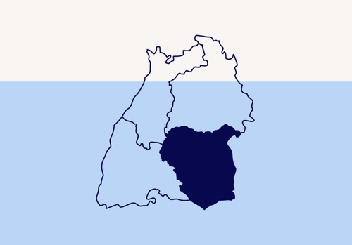 Zeigt eine Baden-Württembergkarte, in der der Regierungsbezirk Tübingen blau hervorgehoben ist.