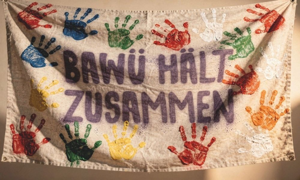Eine Stofffahne, auf der BAWÜ Hält zusammen steht. Drumherum sind viele bunte Kinderhände mit Farbe abgedruckt.