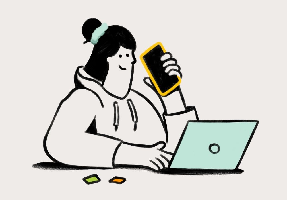 Illustration einer jungen Frau, die mit einem Smartphone telefoniert während sie vor einem Laptop sitzt.