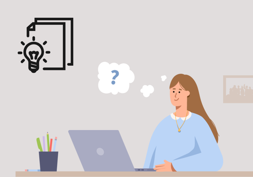 Zeigt eine illustrierte junge Frau, die vor einem Laptop sitzt. In einer Gedankenblase steht ein Fragezeichen.